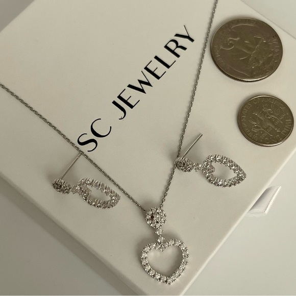 LAST ONE Heart Earrings & Necklace Set 925 Sterling Silver White Zircon - Picture 7 of 9